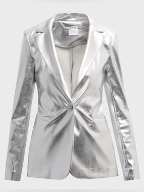 Alice + Olivia Metallic Silver One-Button Blazer
